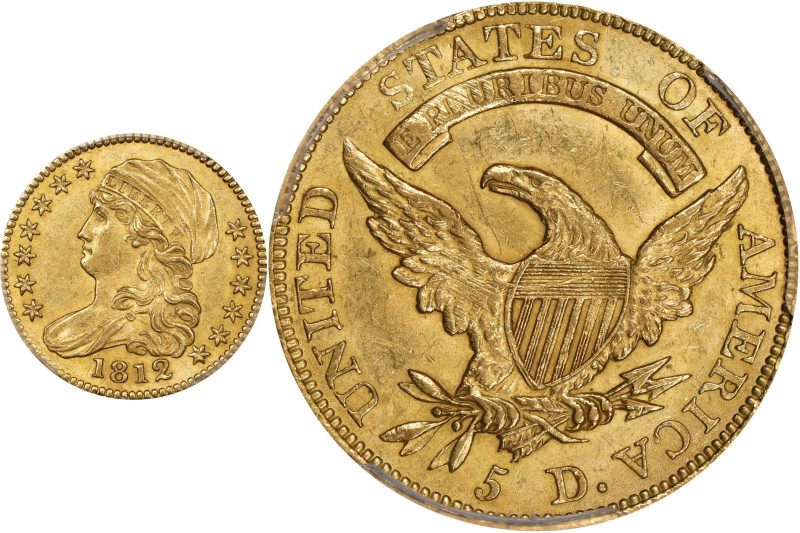 1812 Capped Bust Left Half Eagle. BD-1. Rarity-3. Wide 5 D. AU-58 (PCGS). CMQ.
...