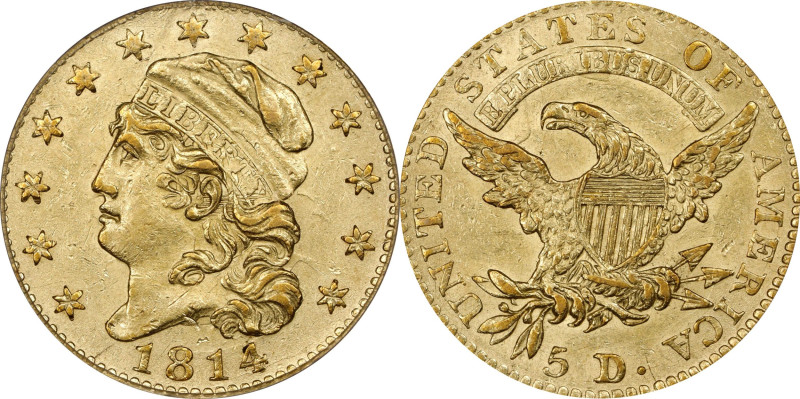 1814/3 Capped Head Left Half Eagle. BD-1, the only known dies. Rarity-4+. AU-58 ...