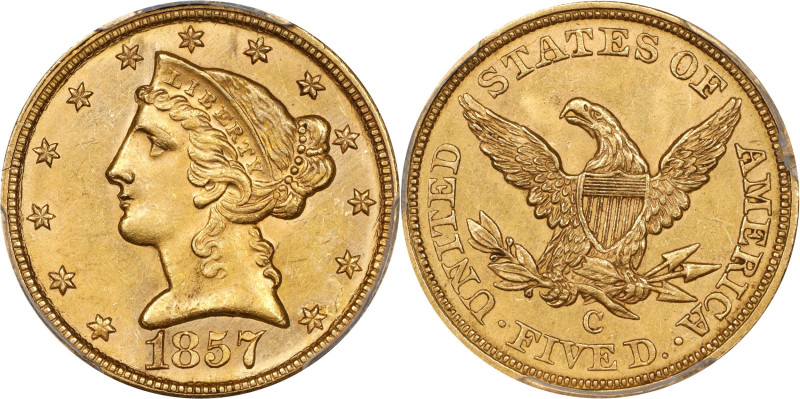 1857-C Liberty Head Half Eagle. Winter-1, the only known dies. MS-62+ (PCGS).
...