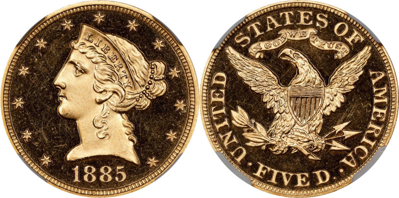 1885 Liberty Head Half Eagle. JD-1, the only known dies. Rarity-6-. Proof-65 Ult...