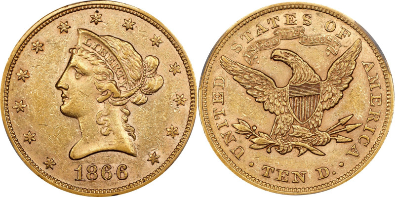 1866 Liberty Head Eagle. Repunched Date. AU-58 (PCGS).

A significant Liberty ...