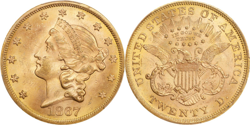 1867 Liberty Head Double Eagle. MS-63 (PCGS).

Handsome rose-gold color graces...