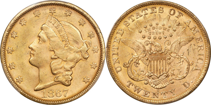 1867-S Liberty Head Double Eagle. MS-62 (PCGS).

Dressed in softly frosted min...