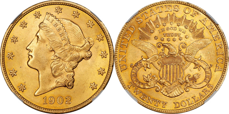 1902 Liberty Head Double Eagle. MS-63 (NGC). CMQ.

An impressive, uncommonly w...