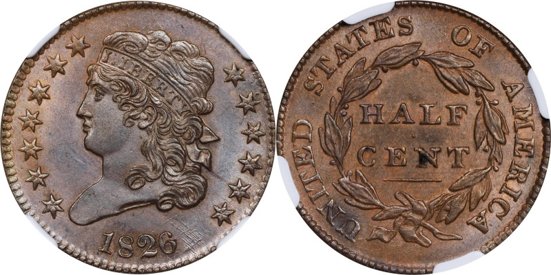 1826 Classic Head Half Cent. C-1. Rarity-1. MS-64 BN (NGC).

Lustrous brown su...