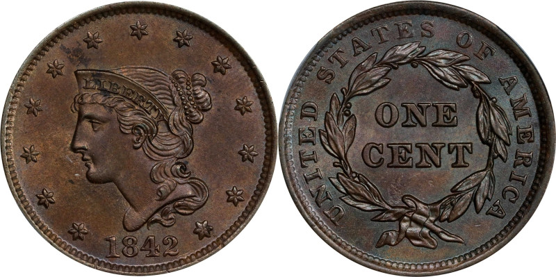 1842 Braided Hair Cent. N-3. Rarity-3. Large Date. MS-64+ BN (PCGS). CAC.

Thi...