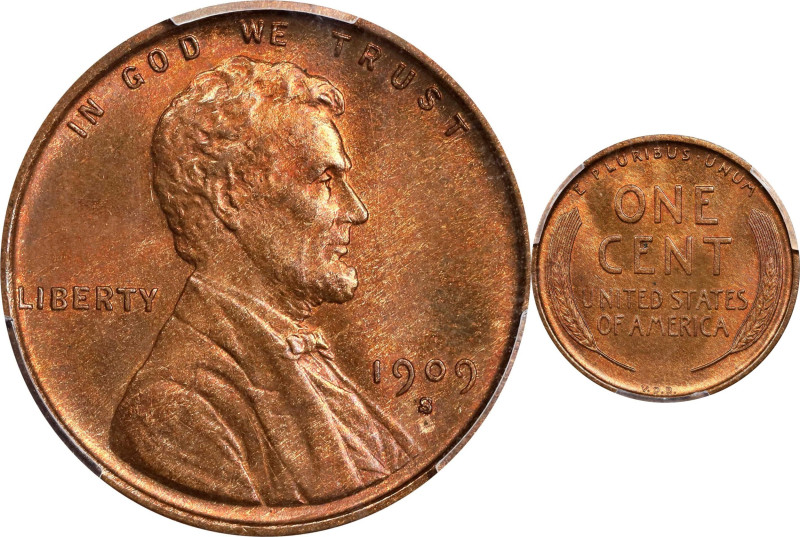 1909-S Lincoln Cent. V.D.B. MS-64 RB (PCGS).

Gold-tinged red surfaces have be...