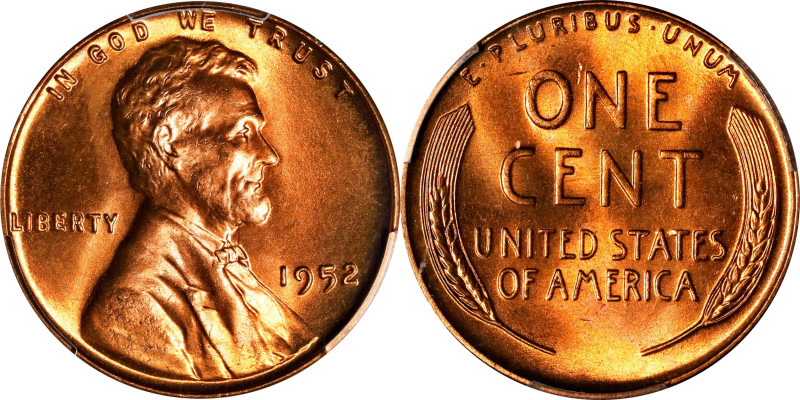 1952 Lincoln Cent. MS-67 RD (PCGS). CAC.

A sublime, blazing red 1952 Wheat ce...