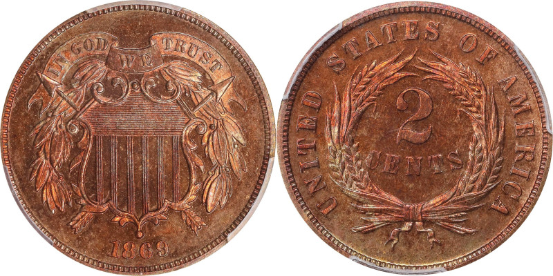 1869 Two-Cent Piece. Proof-64 RD (PCGS).

A gentle mottling of rose-red and pa...