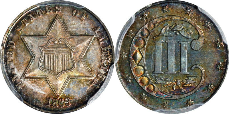 1869/'8' Silver Three-Cent Piece. Breen-2960. Proof-65+ (PCGS).

A wonderfully...