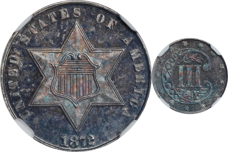 1872 Silver Three-Cent Piece. Proof-65 (NGC).

Richly toned charcoal-blue surf...