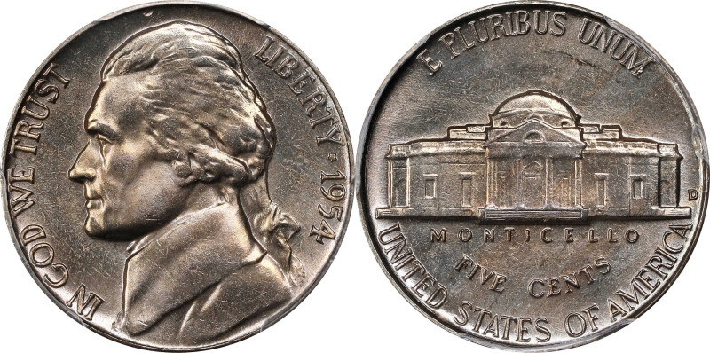 1954-D Jefferson Nickel. MS-66+ FS (PCGS).

Delicate champagne-apricot and pow...