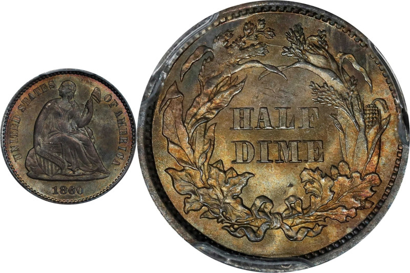 1860 Liberty Seated Half Dime. MS-67 (PCGS). CAC.

The pale olive-grey surface...