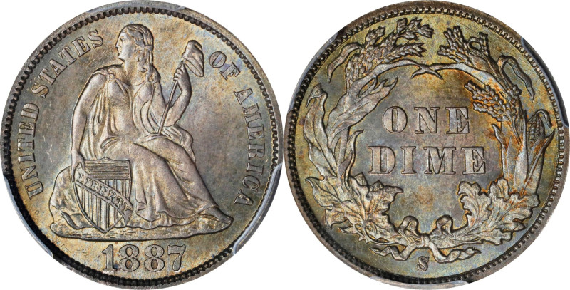 1887-S Liberty Seated Dime. MS-66 (PCGS).

An even mixture of olive-green, rus...