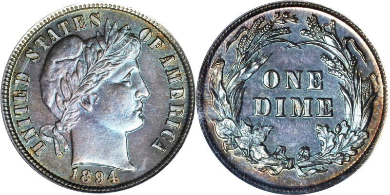 1894 Barber Dime. Proof-66 (PCGS). CAC. OGH.

Delicate blue, rose, and gold ac...