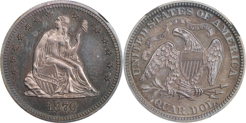 1870 Liberty Seated Quarter. Proof-65 (NGC).

Visually pleasing surfaces exhib...