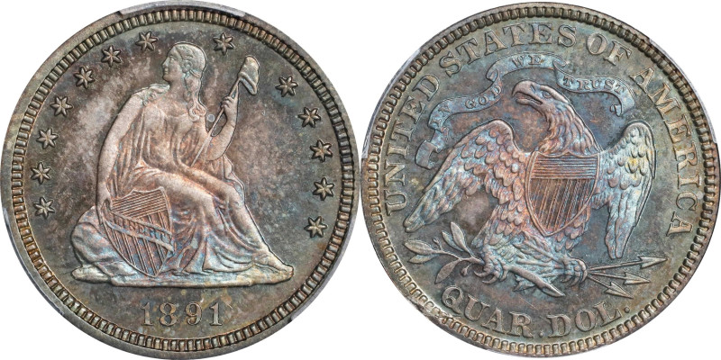 1891 Liberty Seated Quarter. Proof-66 (PCGS).

Vividly toned surfaces exhibit ...