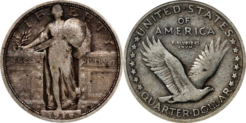 1916 Standing Liberty Quarter. VG-8 (NGC).

Originally preserved surfaces are ...