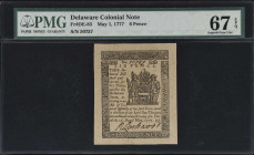 DE-83. Delaware. May 1, 1777. 6 Pence. PMG Superb Gem Uncirculated 67 EPQ.

No. 50757. A downright exceptional Colonial-era note from Delaware, this...