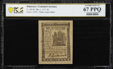 DE-84. Delaware. May 1, 1777. 9 Pence. PCGS Banknote Superb Gem Uncirculated 67 PPQ.

No. 50751. Signed by Richard Lockwood. He was a well-known mer...