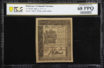 DE-85. Delaware. May 1, 1777. 1 Shilling. PCGS Banknote Superb Gem Uncirculated 68 PPQ.

No. 34627. Signed by J. Laws and J. Wiltbank. Printed by Ja...