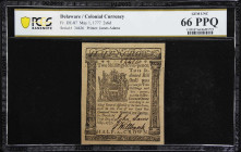 DE-87. Delaware. May 1, 1777. 2 Shillings & 6 Pence. PCGS Banknote Gem Uncirculated 66 PPQ.

No. 34626. Signed by John Laws and John Wiltbank. Wiltb...