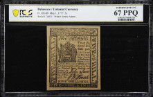 DE-89. Delaware. May 1, 1777. 5 Shillings. PCGS Banknote Superb Gem Uncirculated 67 PPQ.

No. 34631. Signed by J. Laws and J. Wiltbank. Printed by J...