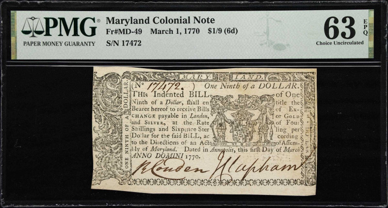 MD-49. Maryland. March 1, 1770. $1/9. PMG Choice Uncirculated 63 EPQ.

No.1747...