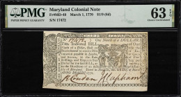MD-49. Maryland. March 1, 1770. $1/9. PMG Choice Uncirculated 63 EPQ.

No.17472. Signed by Robert Couden and John Clapham. Engraved border cuts by T...