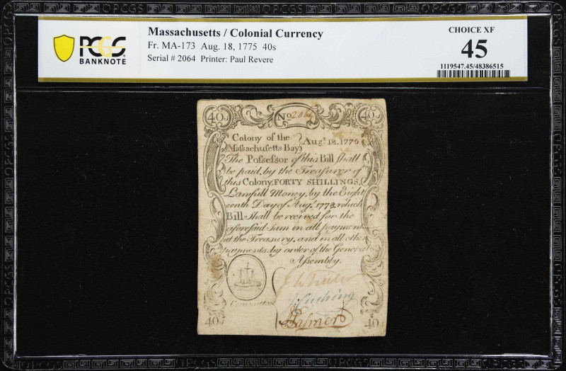 MA-173. Massachusetts . Aug. 18, 1775. 40 Shillings. PCGS Banknote Choice Extrem...