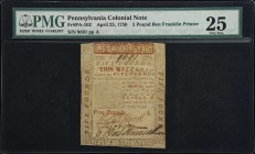 PA-102. Pennsylvania. April 25, 1759. 5 Pounds. PMG Very Fine 25.

No. 9691. Plate A. Representing the highest denomination issued for the April 25,...