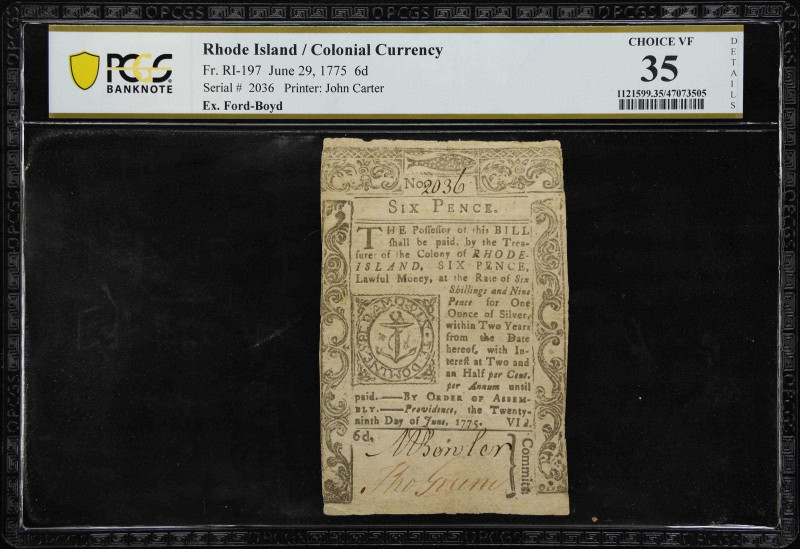 RI-197. Rhode Island. June 29, 1775. 6 Pence. PCGS Banknote Choice Very Fine 35 ...