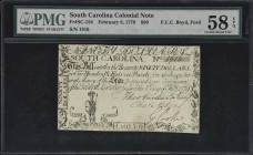 SC-158. South Carolina. February 8, 1779. $90. PMG Choice About Uncirculated 58 EPQ.

No. 1916. Featuring a warrior at left, flanked by the motto "A...