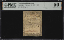 CC-22. Continental Currency. February 17, 1776. $2/3. PMG About Uncirculated 50.

No. 161596. Plate A. A lightly circulated Continental featuring th...