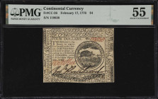 CC-26. Continental Currency. February 17, 1776. $4. PMG About Uncirculated 55.

A scarce nearly Uncirculated note. On the face is the dynamic vignet...