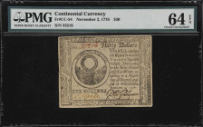 CC-54. Continental Currency. November 2, 1776. $30. PMG Choice Uncirculated 64 EPQ.

No. 33216. An attractive Continental that depicts a Wreath over...