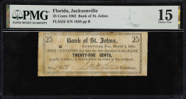 Jacksonville, Florida. Bank of St. Johns. 1862 25 Cents. PMG Choice Fine 15.

Benice 11. Plate B. Signed by Cashier J.H.H. Bouts. Printed on back of...
