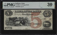 Lima, Indiana. La Grange Bank. 18xx $5. Haxby 345-G6a. PMG Very Fine 30.

The La Grange Bank was organized in 1854 and remained in business until 18...