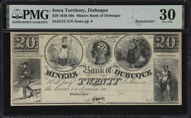 Dubuque, Iowa Territory. Miners Bank of Dubuque. 18xx $20. Haxby S-G12. PMG Very...