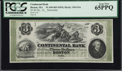 Boston, Massachusetts. Continental Bank. ND (18xx). $3. MA-160 G6a. PCGS Currency Gem New 65 PPQ. Remainder.

ABNC. Green frame and ends, micro-lett...
