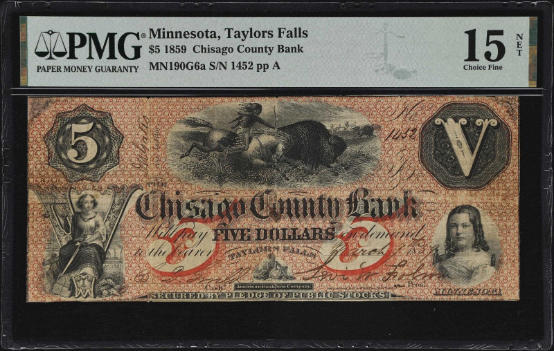 Taylors Falls, Minnesota. Chicago County Bank. 1859 $5. Haxby 190-G6a. PMG Choic...