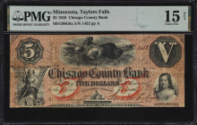 Taylors Falls, Minnesota. Chicago County Bank. 1859 $5. Haxby 190-G6a. PMG Choice Fine 15 Net. Repaired, Pieces Added.

An elusive issued note from ...