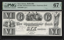 Belleville, New Jersey. Manufacturers Bank. 1830s Propriety Proof. $6. NJ-5G-30PP. PMG Superb Gem Uncirculated 67 EPQ.

Left, Moneta with scales wit...