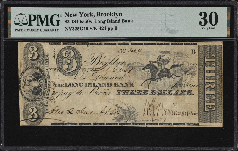 Brooklyn, New York. Long Island Bank. 1851 $3. Haxby 325-003-G40. PMG Very Fine ...
