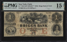 Clyde, New York. Briggs Bank of Clyde. 1855 $1. Haxby 660-001-G1a. PMG Choice Fine 15 Net. Repaired.

The note features an imprint of Danforth, Wrig...