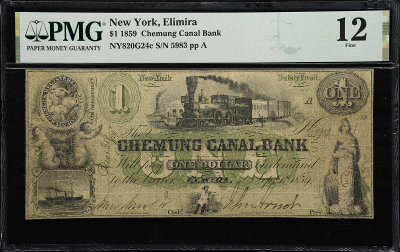 Elimira, New York. Chemung Canal Bank. 1859 $1. NY-820 G24c. PMG Fine 12.

Pla...