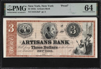 New York, New York. Artisans Bank. 18xx $3. Haxby 1445-003-G8a. PMG Choice Uncirculated 64. Proof.

From our 2014 ANA auction where it was described...
