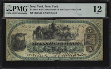 New York, New York. Bull's Head Bank of the City of New York. 1862 $5. Haxby 1475-005-G12. PMG Fine 12.

An elusive issued note with this from a lat...