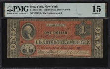 New York, New York. Importers & Traders Bank. 18xx $1. Haxby 660-001-G2c. PMG Choice Fine 15.

A pleasing, evenly circulated red-tinted note imprint...