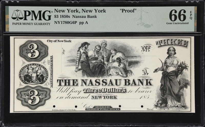 New York, New York. Nassau Bank. 185x $3. NY-1780 G6. PMG Gem Uncirculated 66 EP...